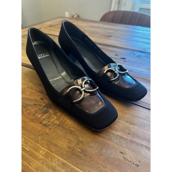 Stuart Weitzman Shoes Size 8 M Black Suede Square Toe Block Heels Pumps Classic - Picture 2 of 12